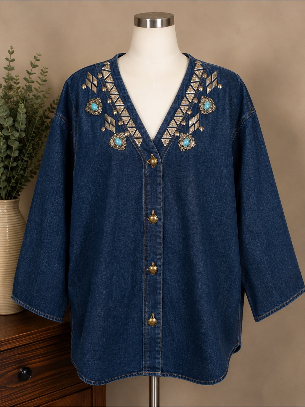 Vintage Mirage Art Wear Denim Embellished Jacket One Size USA Western Boho